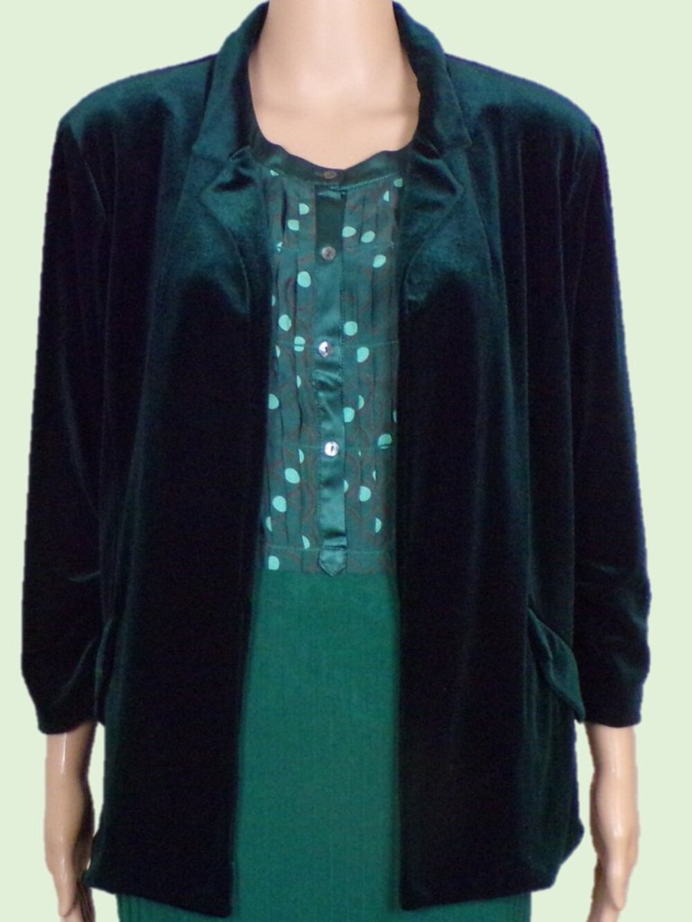 SKIES ARE BLUE size M emerald-green velvet open-front blazer polyester/spandex